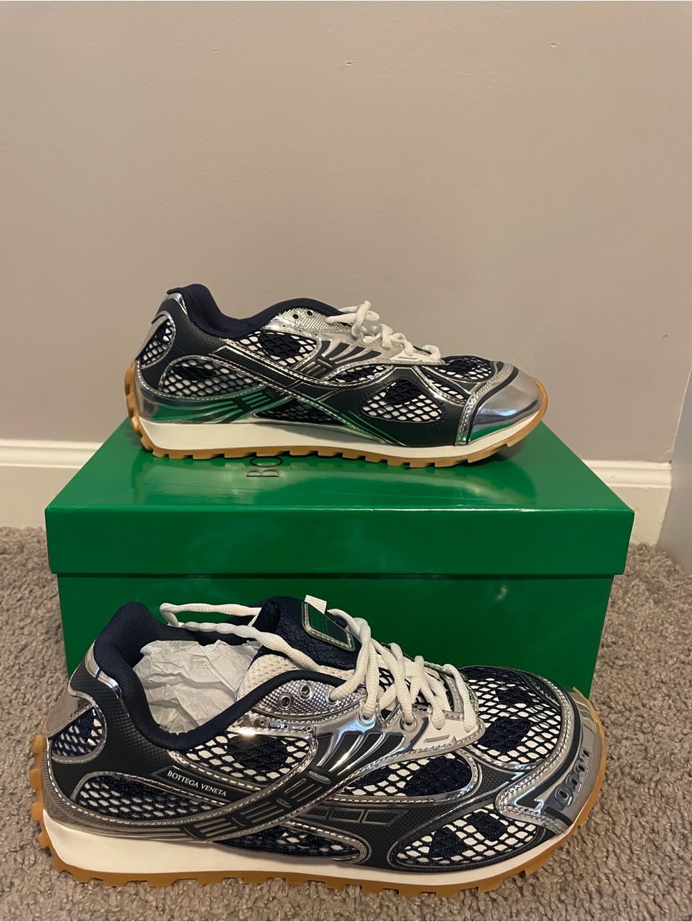 Bottega Veneta Navy & Silver Mesh Trail Sneakers